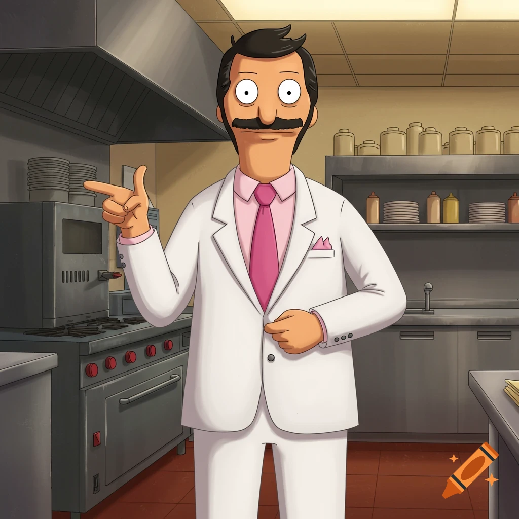 Cartoon Bob Belcher in a white suit and pink tie, pointing and holding his lapel in a restaurant kitchen.
