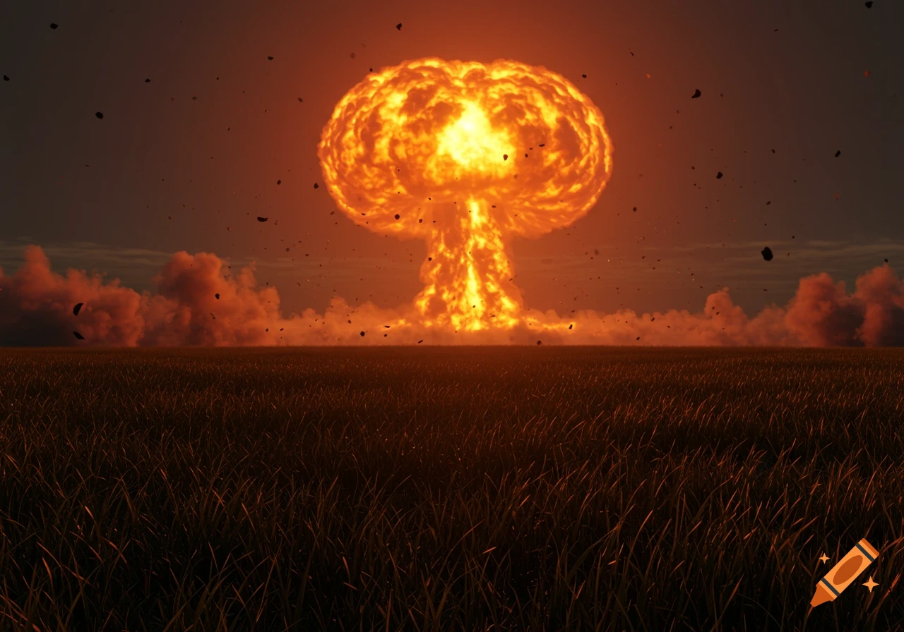 A massive, fiery atomic mushroom cloud explodes in the distance over a flat, dark grassy field at dusk.