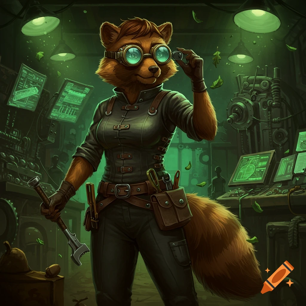 An anthropomorphic tanuki engineer wearing goggles and dark clothing holds a wrench in a green-lit steampunk workshop with machinery and screens.