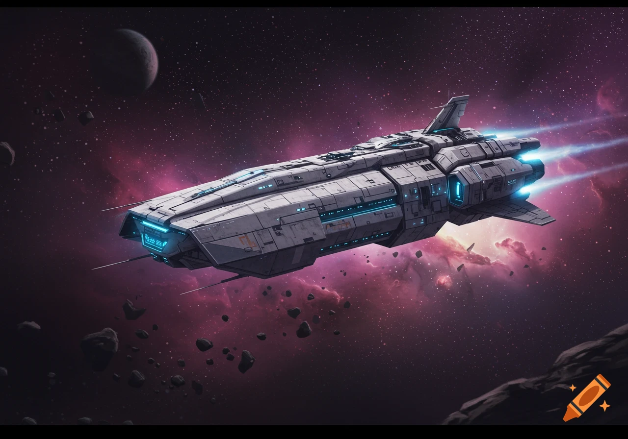 A futuristic grey spaceship with blue lights flies through a starry purple nebula, past a planet and asteroids.