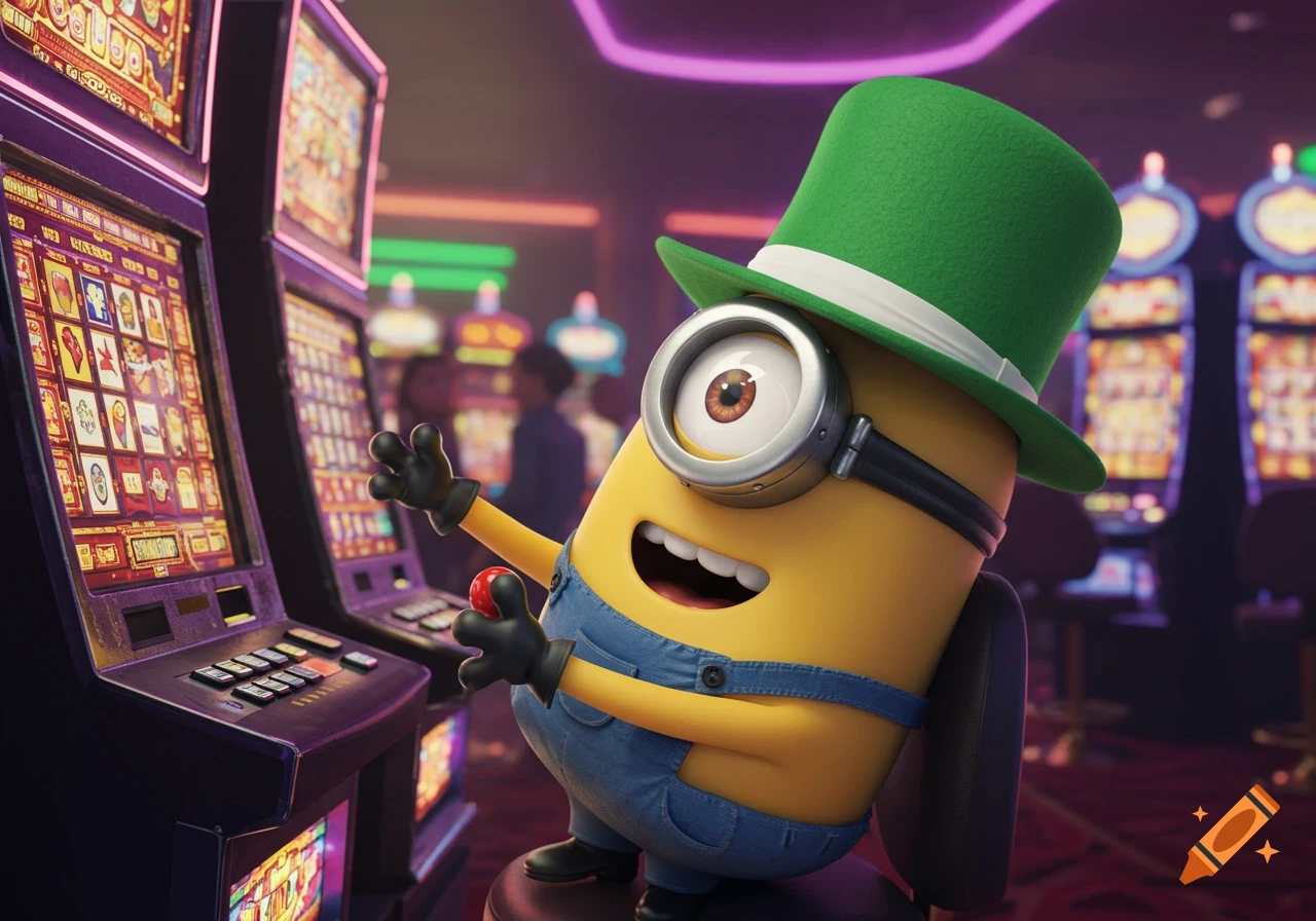 A happy Minion wearing a green top hat and overalls sits at a slot machine in a neon-lit casino, ready to play.