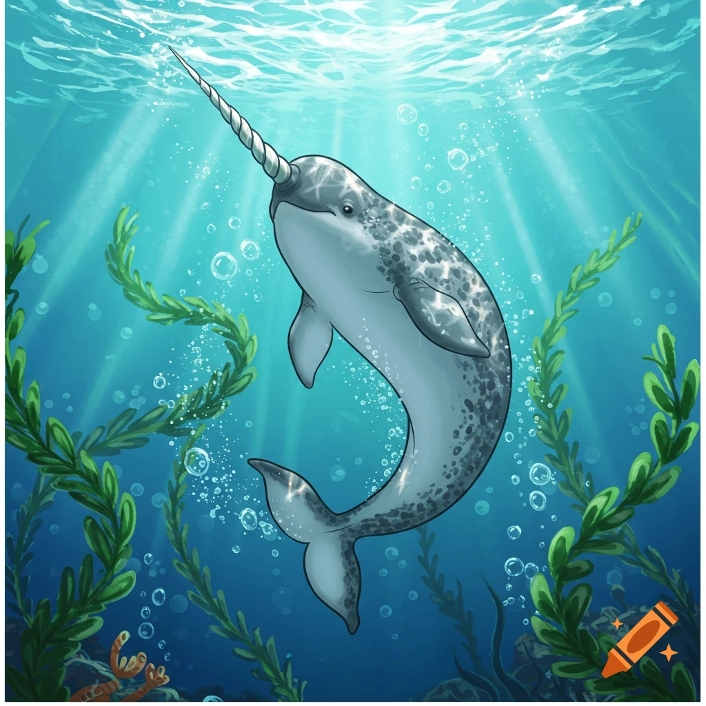 A cute, dynamic illustration of a narwhal swimming underwater surrounded by seaweed and bubbles, with light rays from above.
