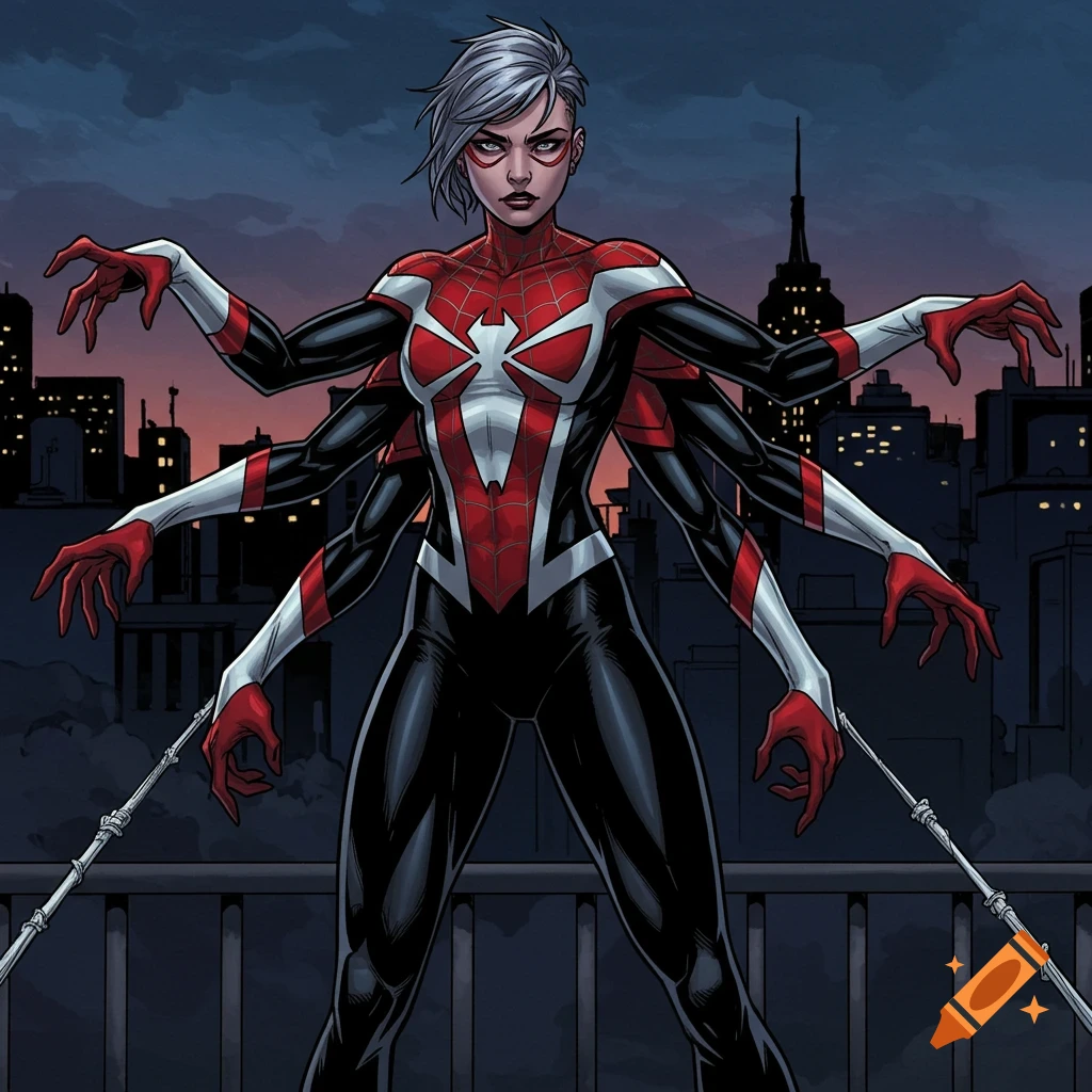 A white-haired, six-armed female Spider-Woman-like character in a red and black suit stands on a city rooftop at dusk, comic art style.