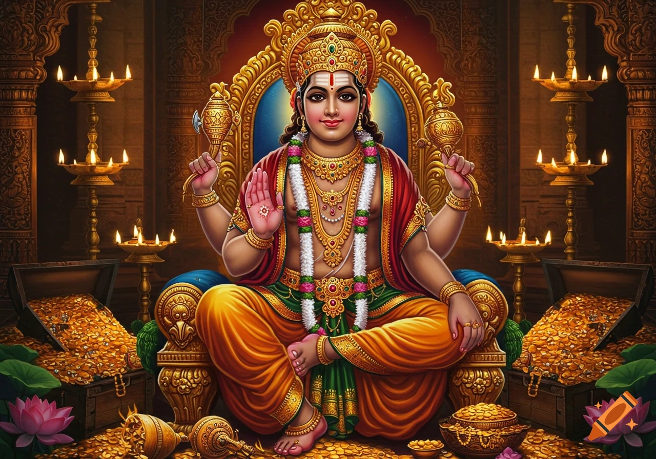 Kubera, the Hindu god of wealth, seated regally on a golden throne surrounded by treasure, golden lamps, and lotus flowers.