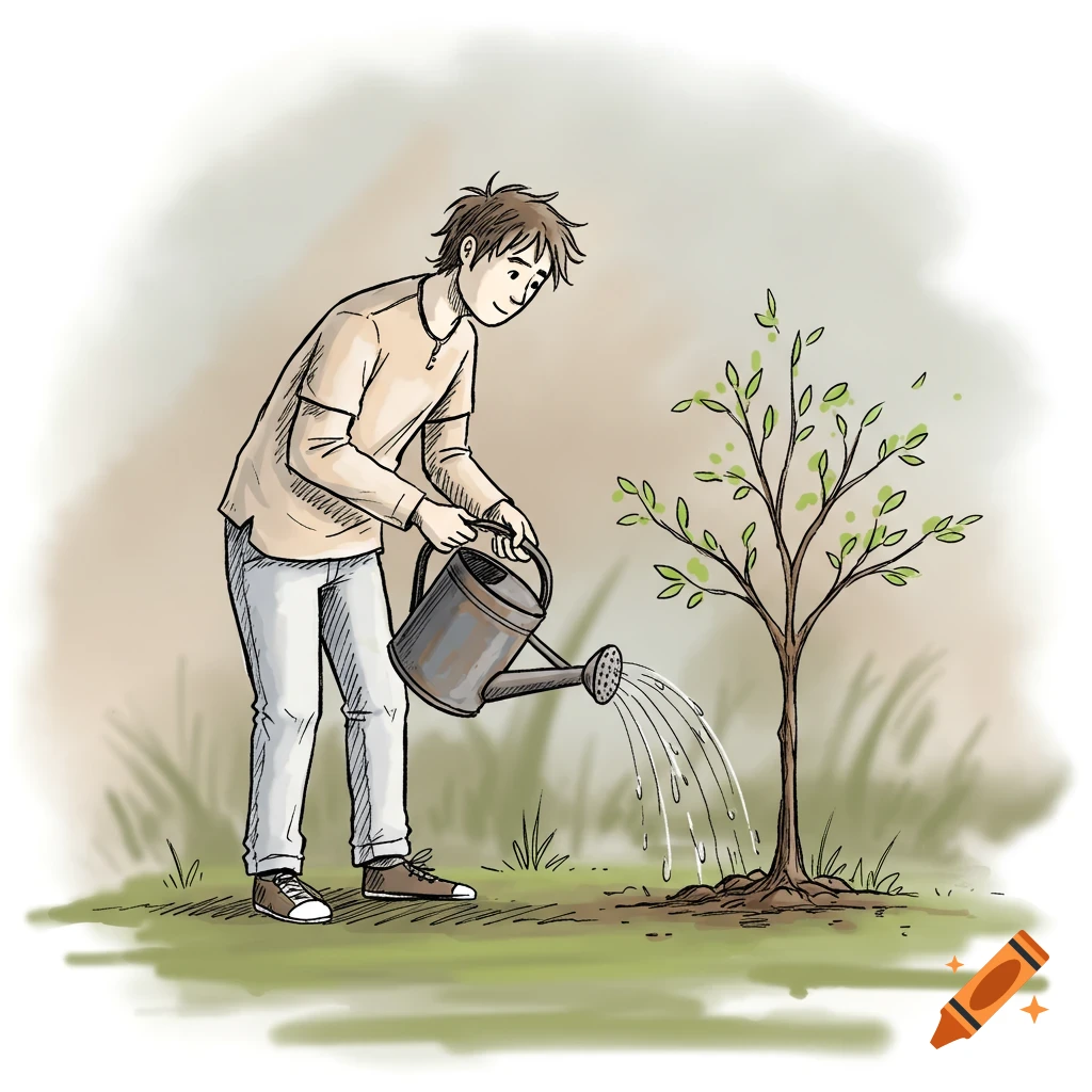A person watering a small tree with a watering can, depicted in a sketchy, hand-drawn illustration style.