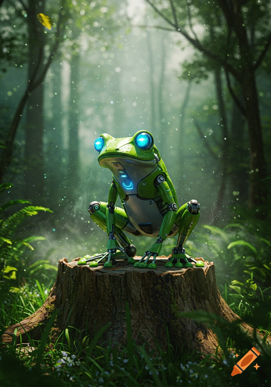A vibrant green animatronic frog with glowing blue eyes crouches on a tree stump in a lush, magical forest with sparkling particles.