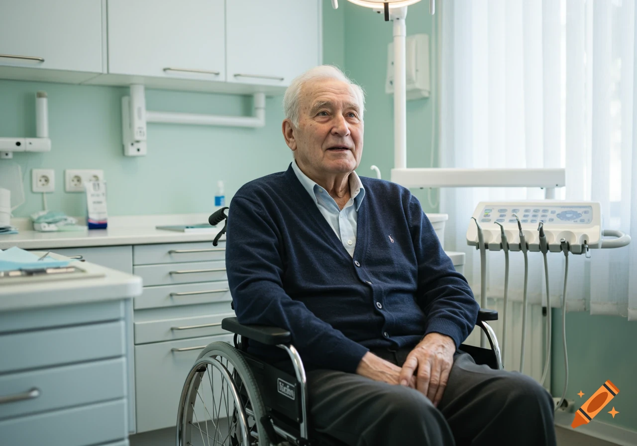 An elderly man with white hair sits in a wheelchair in a brightly lit dentist's office, looking forward with a calm expression. Dental equipment and cabinets are in the background.