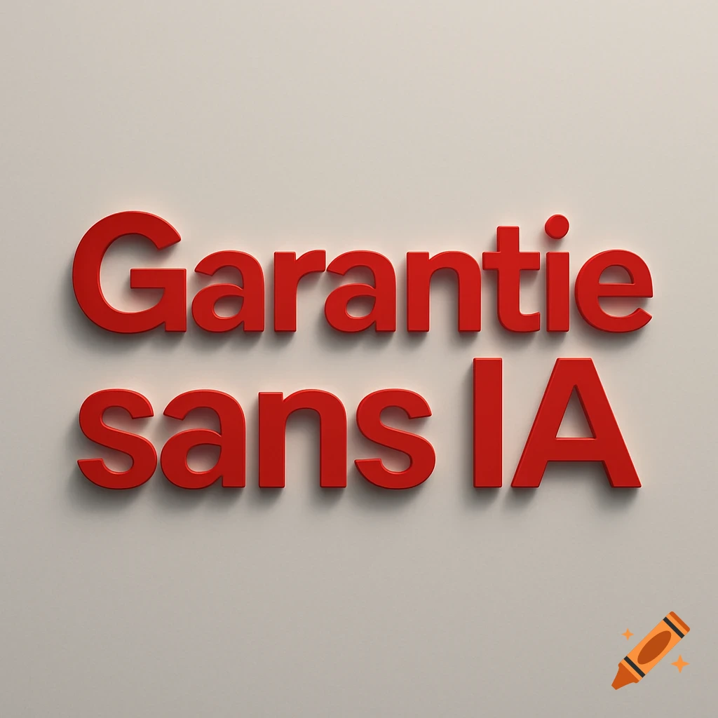 3D red text "Garantie sans IA" on a light grey background, presented like a logo.