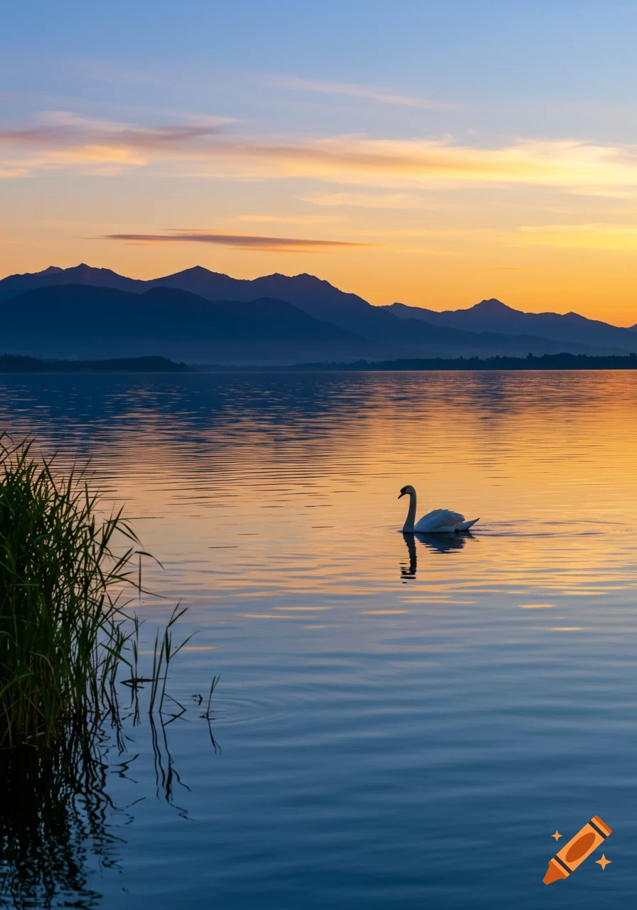 A swan swims in a calm lake reflecting a vibrant orange and blue sunset over silhouetted mountains, with tall grass in the foreground.