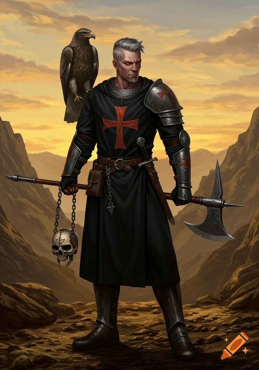 A warrior in black and silver armor, with an eagle on his shoulder, holding a poleaxe and a skull on a chain, standing in a barren landscape.