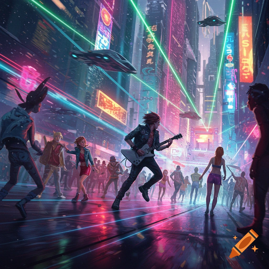 A vibrant cyberpunk city street at night, with a crowd of people and a musician playing a guitar under neon lights and flying vehicles.