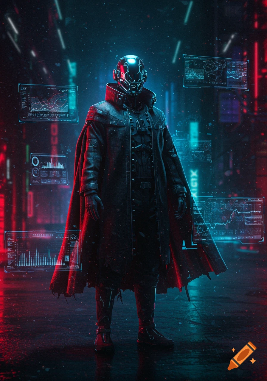 A dark cyberpunk digital avatar with a helmet and cape stands in a digital world with glowing red and blue neon lights and holographic screens.