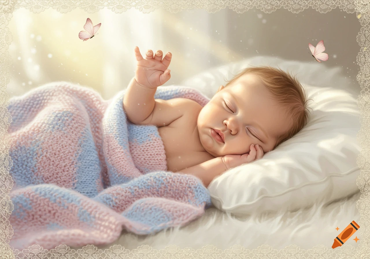 A sleeping baby is wrapped in a pink and blue knitted blanket, with two pink butterflies hovering nearby in a soft, bright setting.