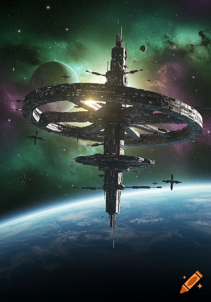 A large, intricate futuristic space station with a circular ring orbits a blue planet, set against a green and purple nebula.