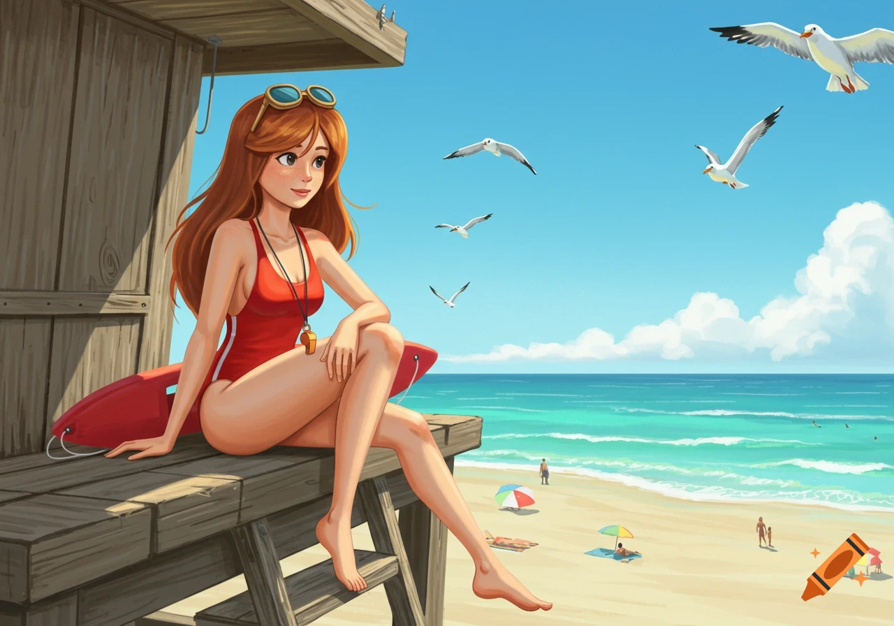 A cartoon female lifeguard with red hair sits on a wooden stand at a sunny beach with the ocean and seagulls.