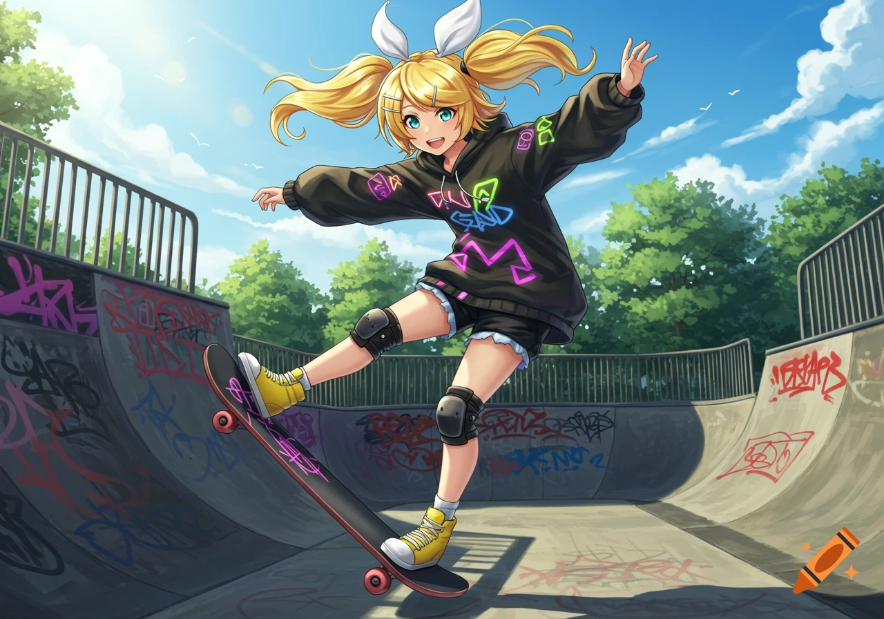 An anime girl with long blonde pigtails and rabbit ear hair ties skateboards in a concrete skate park with graffiti, wearing a black hoodie and shorts.