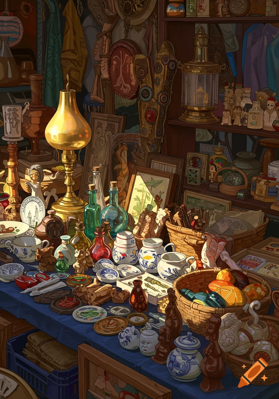 A cluttered flea market stall overflowing with antique lamps, colorful glass bottles, ceramic dishes, wooden figures, and baskets, in a warm, detailed illustrative style.