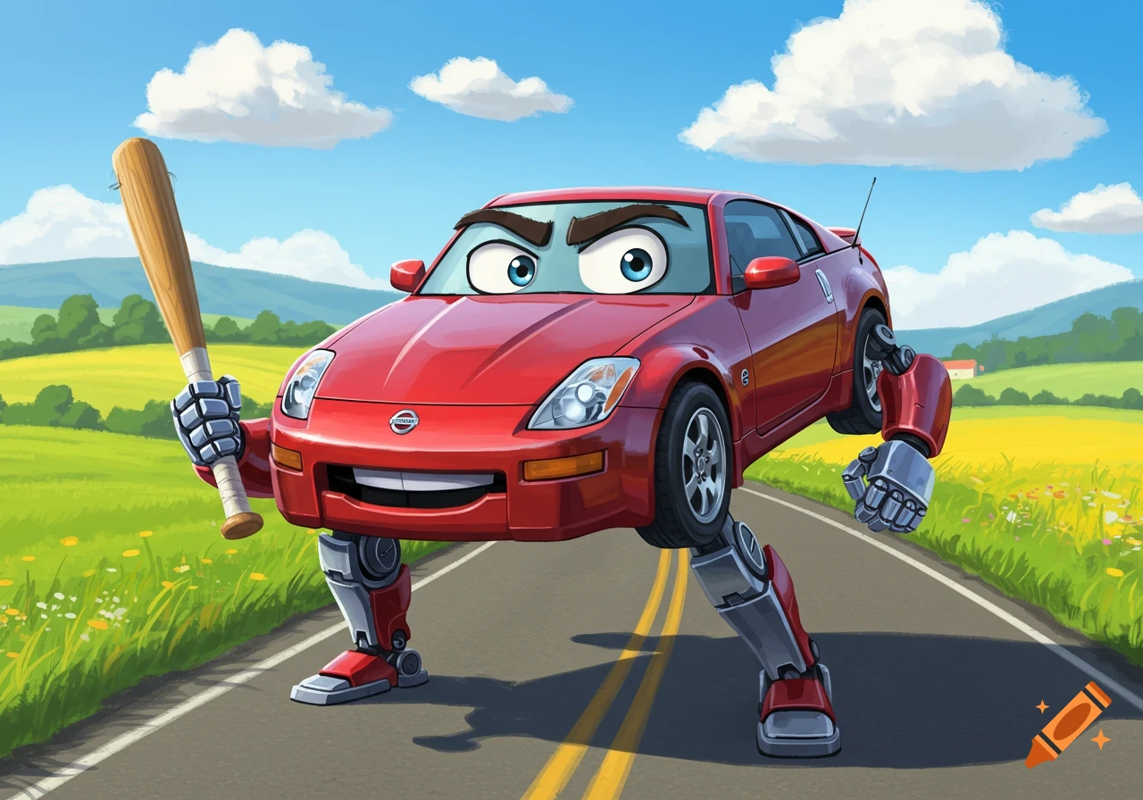 A red Nissan Z car cartoon character with arms and legs holds a baseball bat on a rural road under a blue sky.