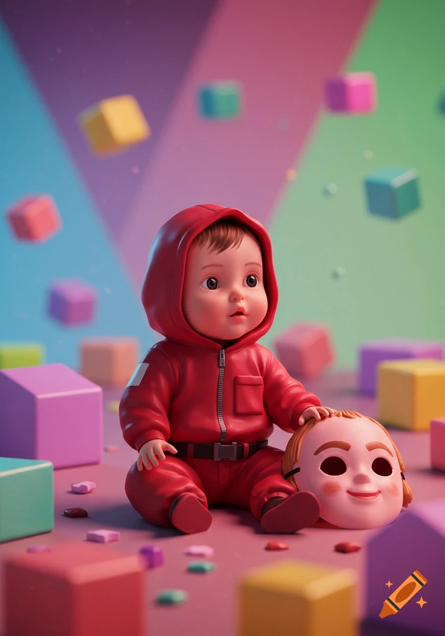 A cute baby in a red jumpsuit sits on a pink floor with colorful blocks, holding a smiling plastic mask.