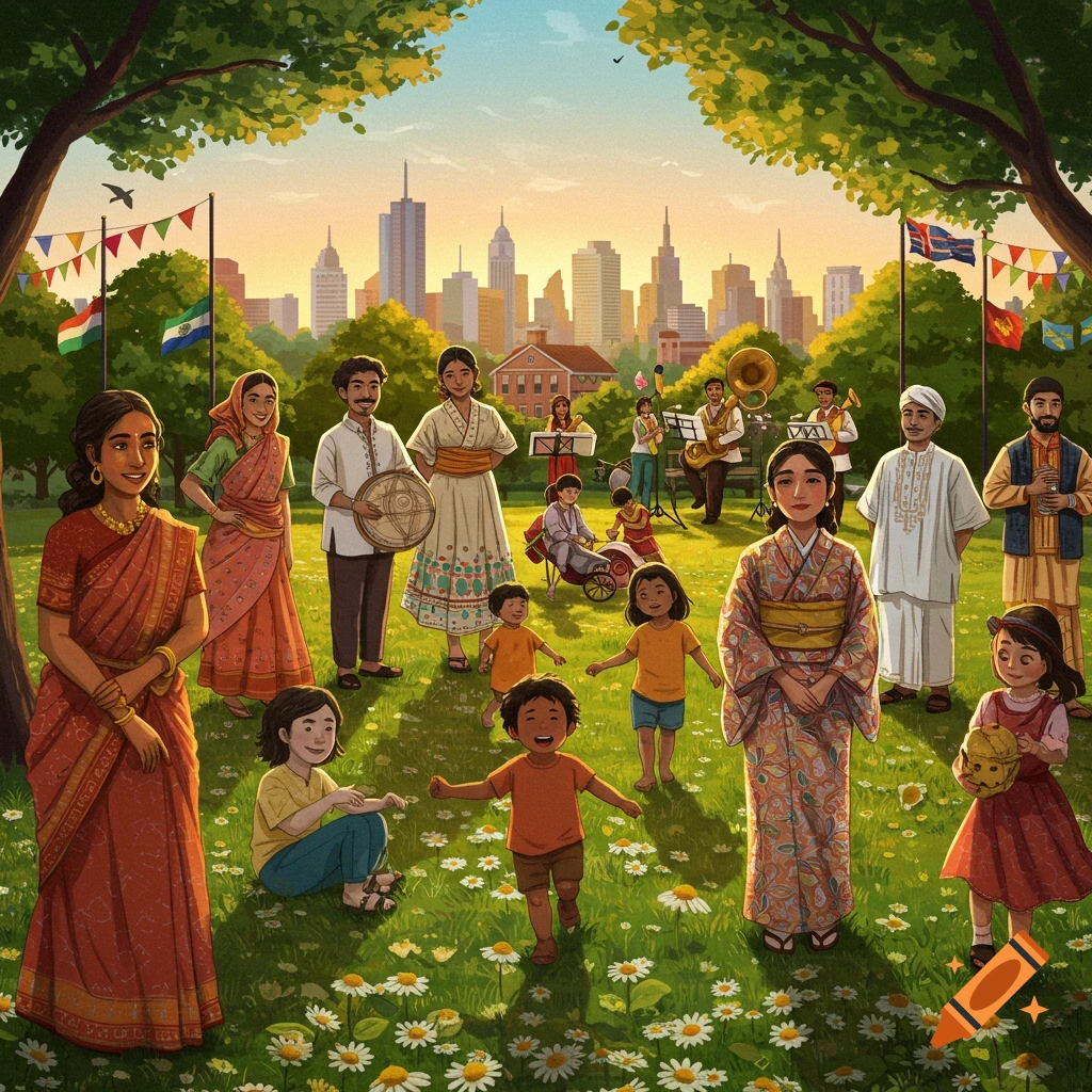 Diverse people in traditional attire gather in a sunny park with a city skyline, some playing music, children playing. Illustrated style.