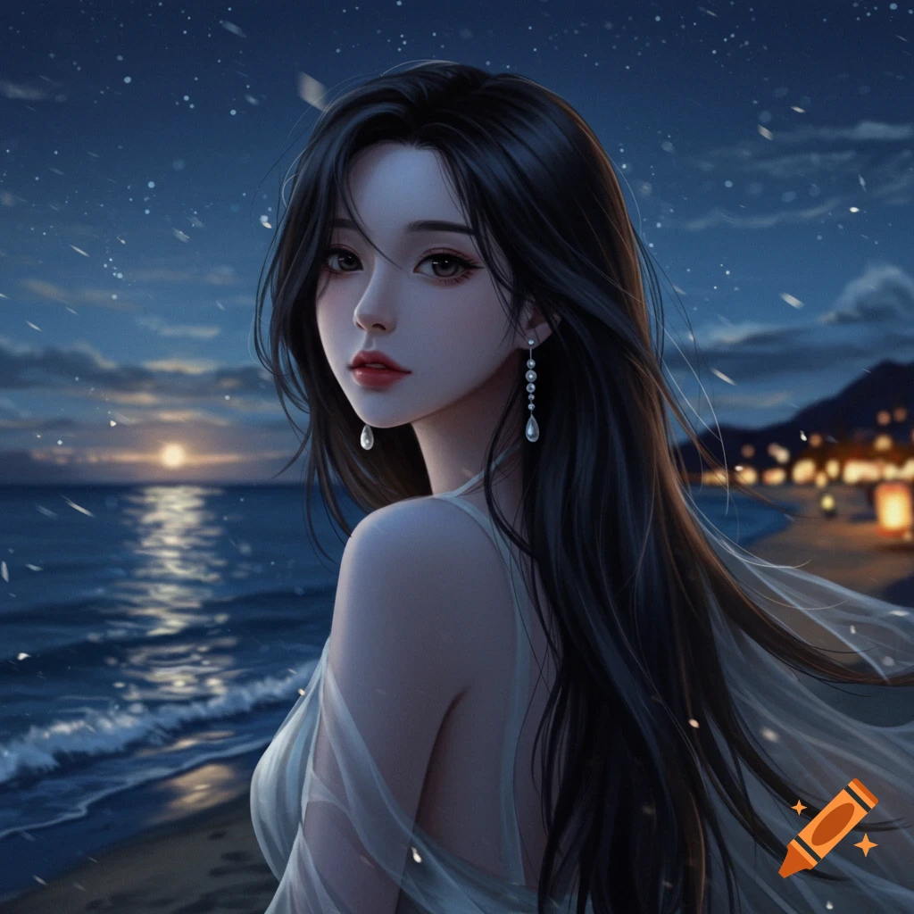 Anime style portrait of a girl with long dark hair on a moonlit beach at night, city lights in the distance.