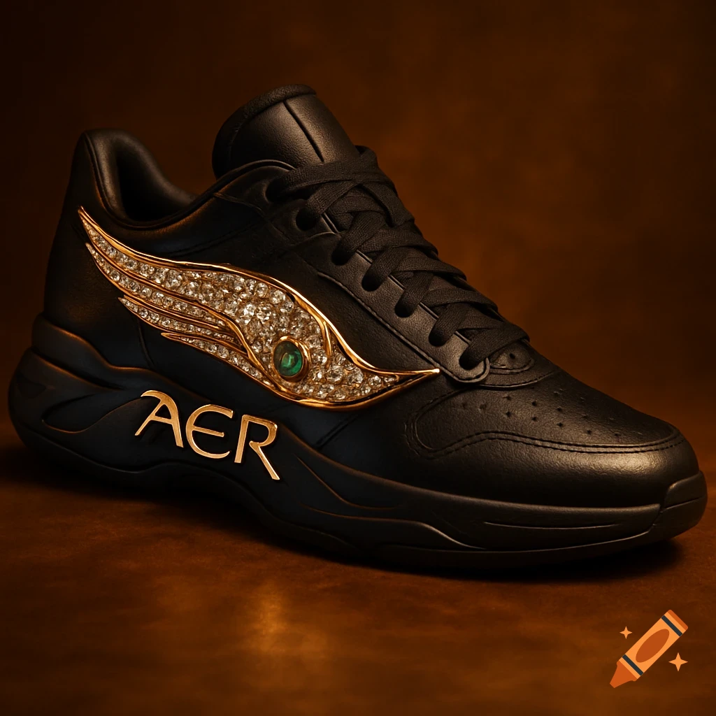 Close-up of a black sneaker adorned with a gold, diamond, and emerald wing design and the text 'AER' on the side.