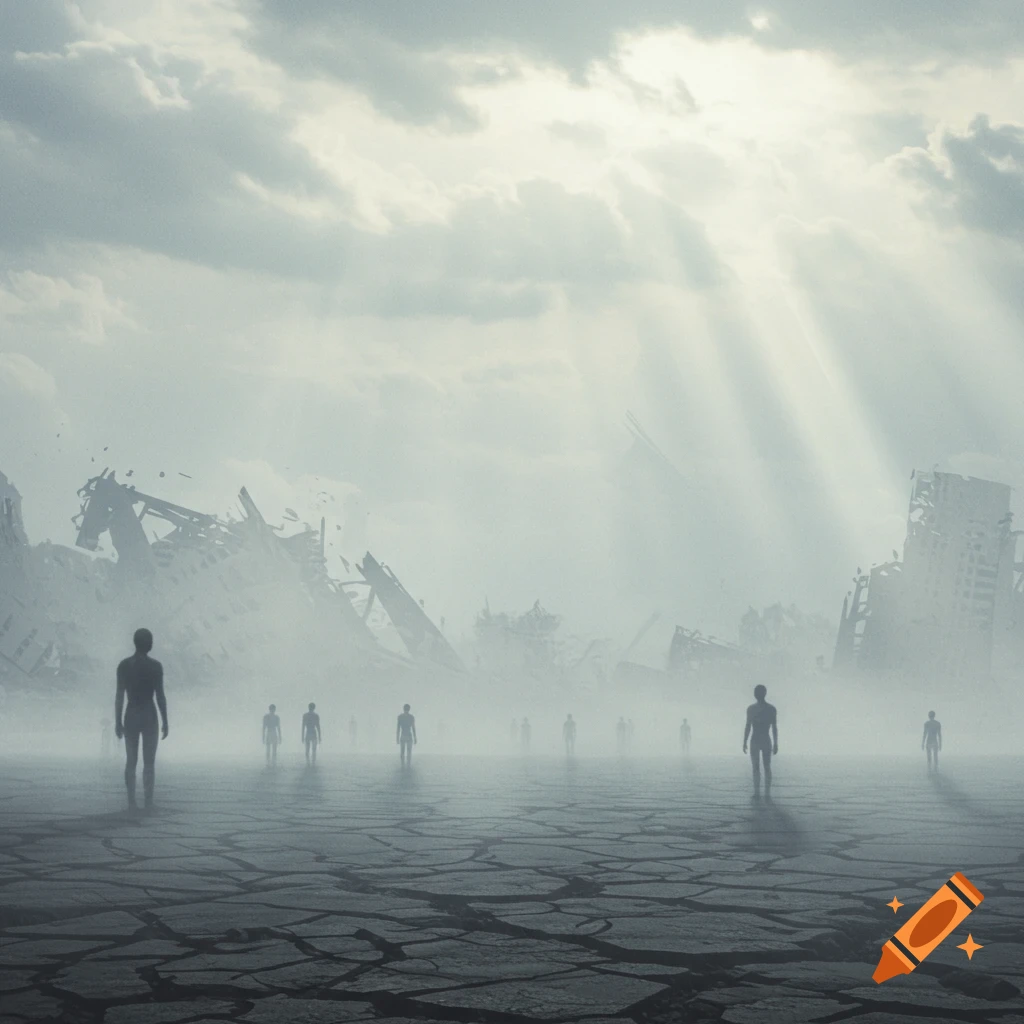 A desolate, foggy post-apocalyptic landscape with many silhouetted figures on cracked ground, facing ruined buildings under a cloudy sky with sun rays.