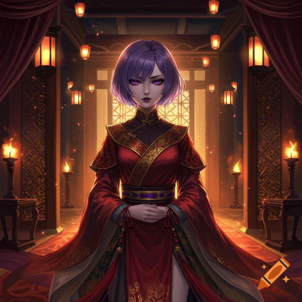 An anime girl with purple hair and eyes in a red and gold royal concubine attire stands in a dimly lit, ornate oriental hall.