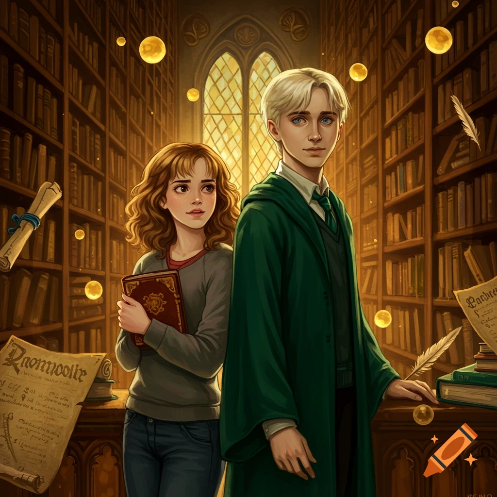 A young woman and man, resembling Hermione and Draco, stand in a magical library with tall bookshelves and floating golden orbs.