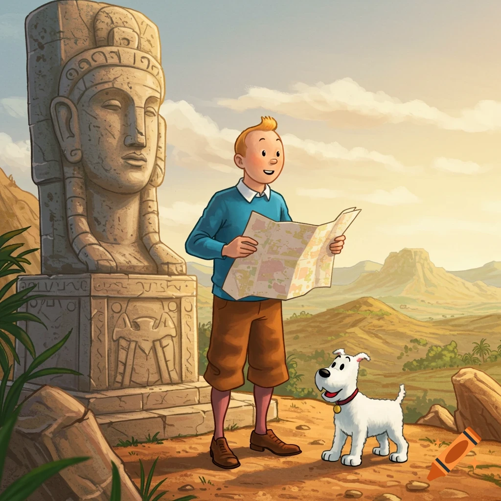 Tintin and his dog Snowy look at a map next to a large stone statue in a desert landscape, in a clear comic art style.