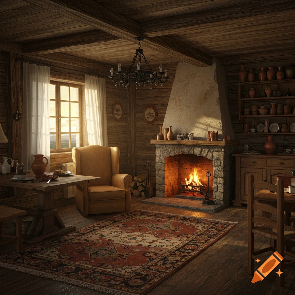 A photorealistic image of a rustic, cozy living room with a stone fireplace, an armchair, and a wooden table.