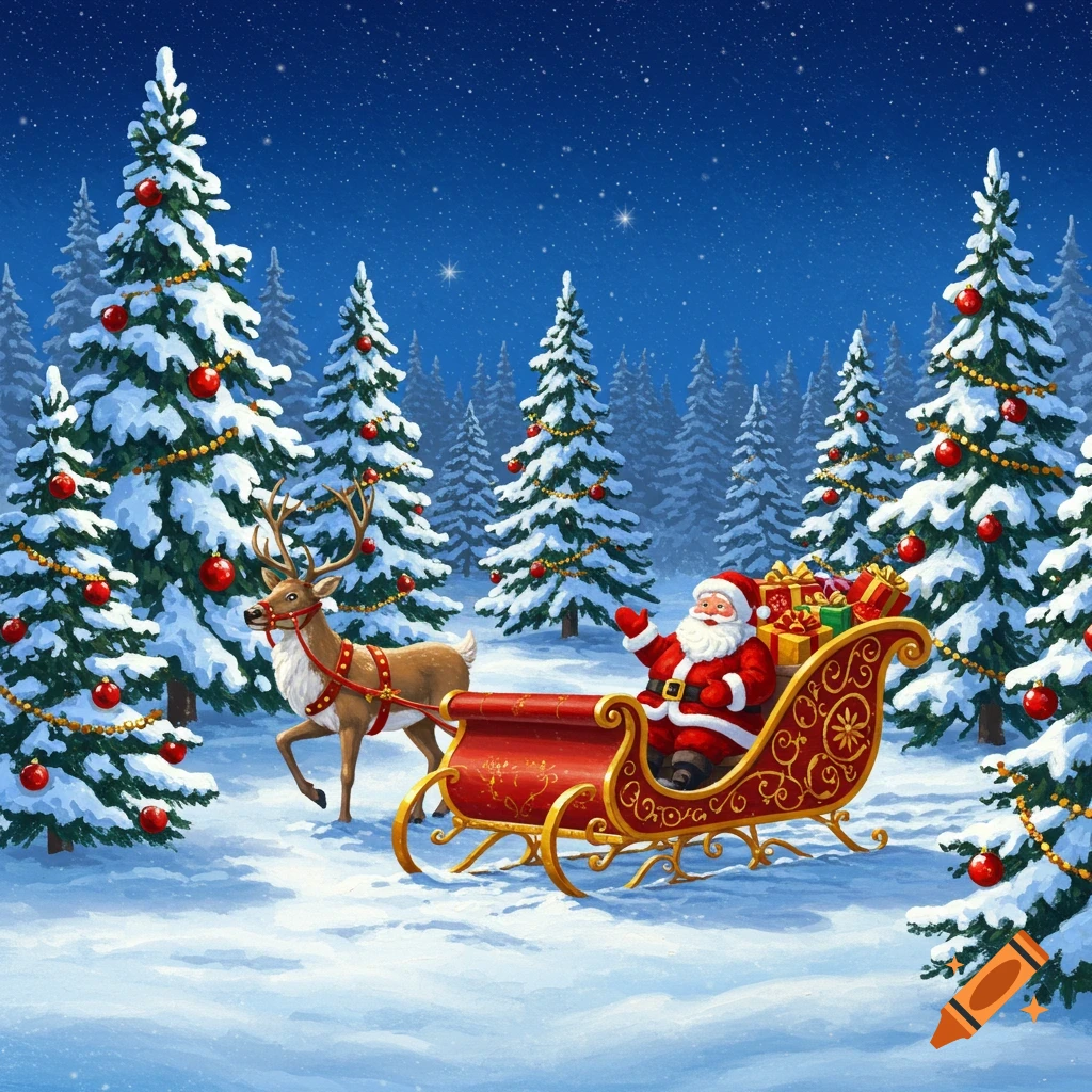 Santa in a sleigh pulled by a reindeer through a snowy forest with decorated Christmas trees under a starry night.