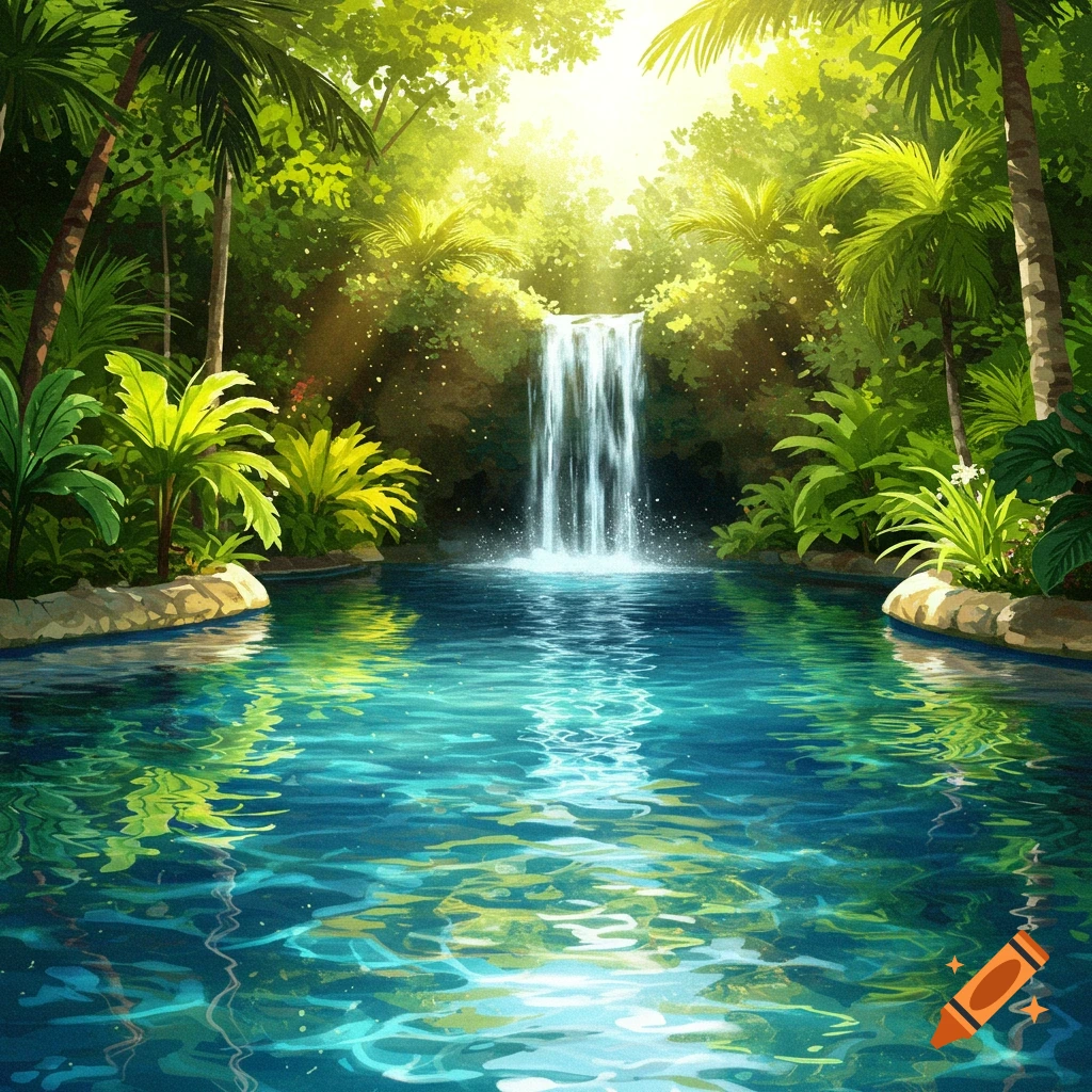 A vibrant illustration of a tropical pool with a waterfall, surrounded by lush green foliage and palm trees, bathed in sunlight.