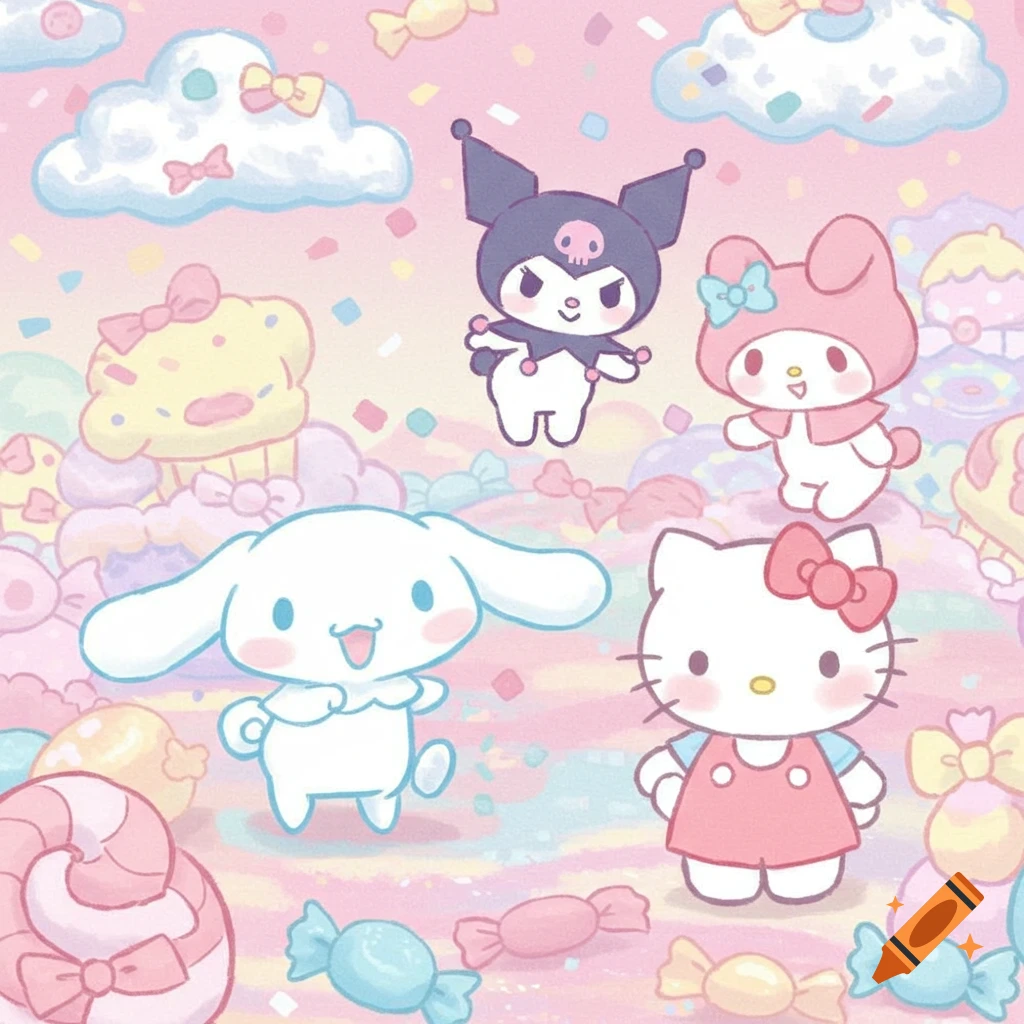 Cinnamoroll, Kuromi, My Melody, and Hello Kitty in a pastel, candy-themed cartoon illustration with clouds and confetti.
