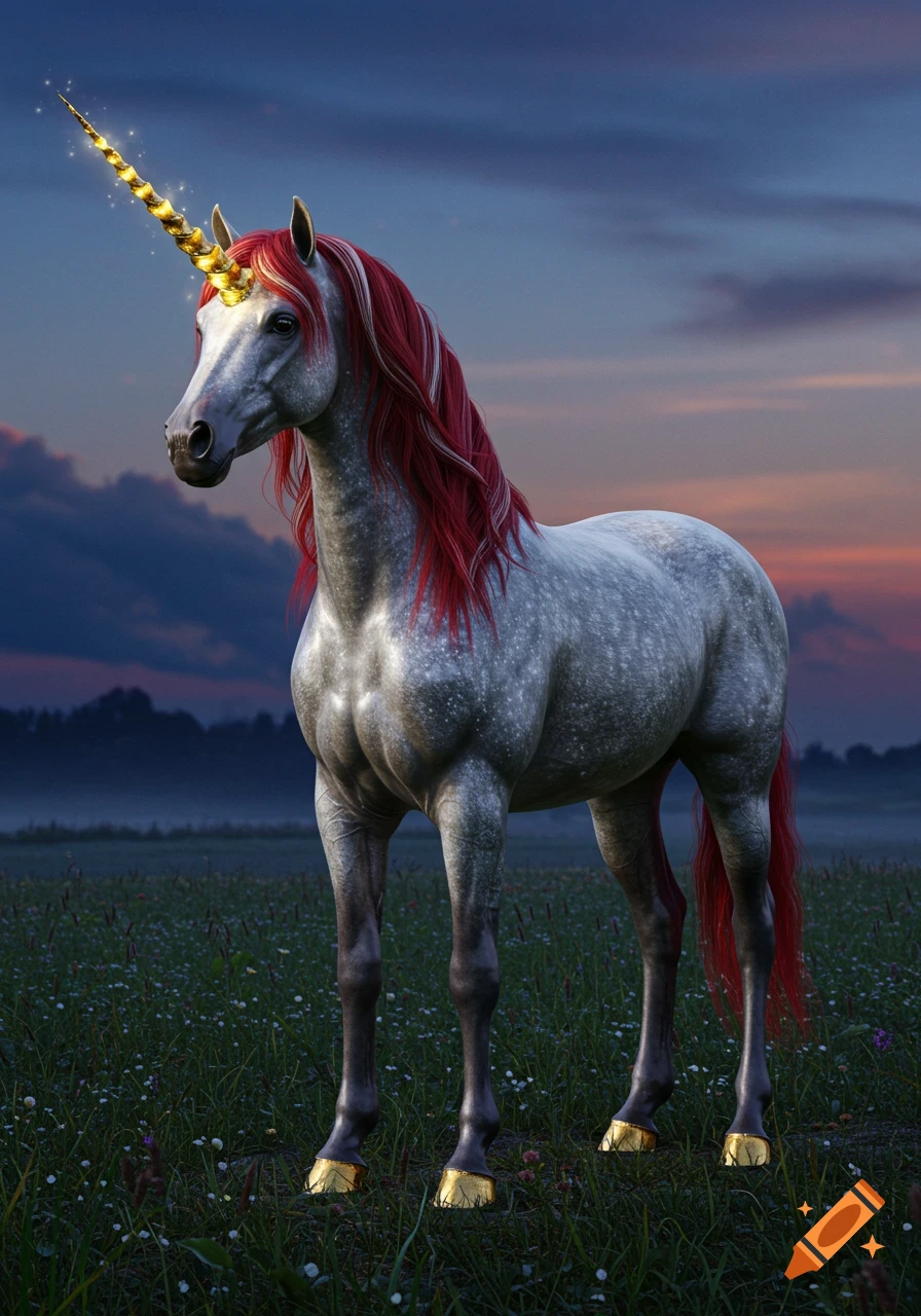 A realistic dappled grey unicorn with a red mane, golden horn, and hooves stands in a wildflower field at sunset.