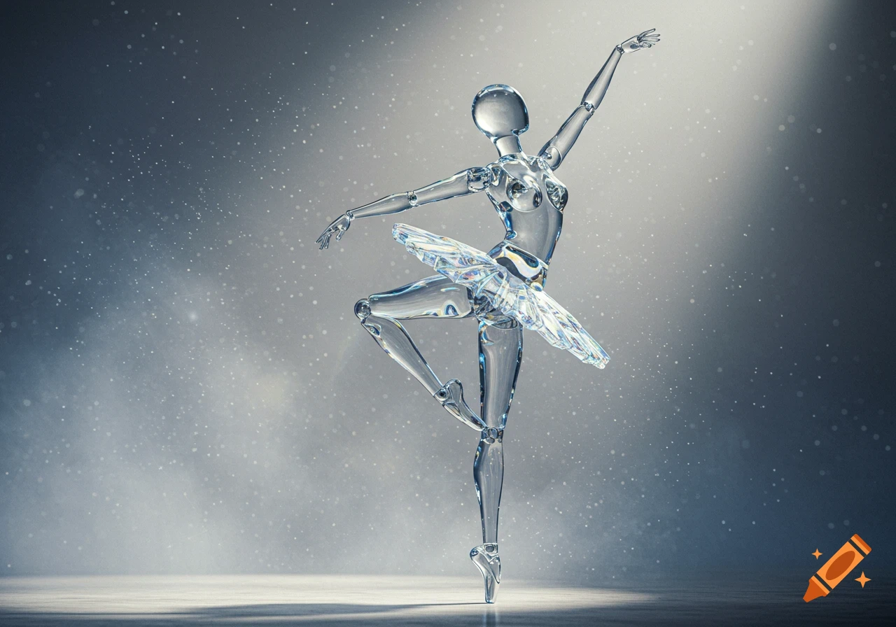 A photorealistic transparent glass mannequin in a ballet pose, illuminated by a spotlight on a dark, sparkling stage.