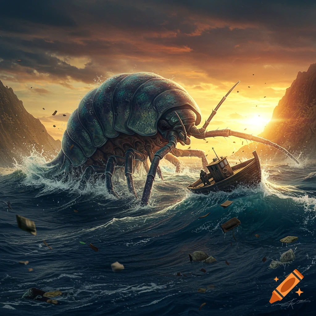 A giant armored isopod attacks a small fishing boat in stormy waters at sunset, with mountains framing the scene.