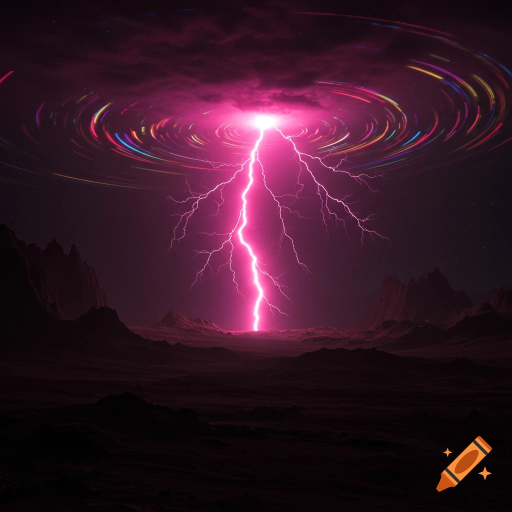 A dramatic pink lightning bolt strikes a dark, rocky alien landscape under a sky with colorful swirling bands.