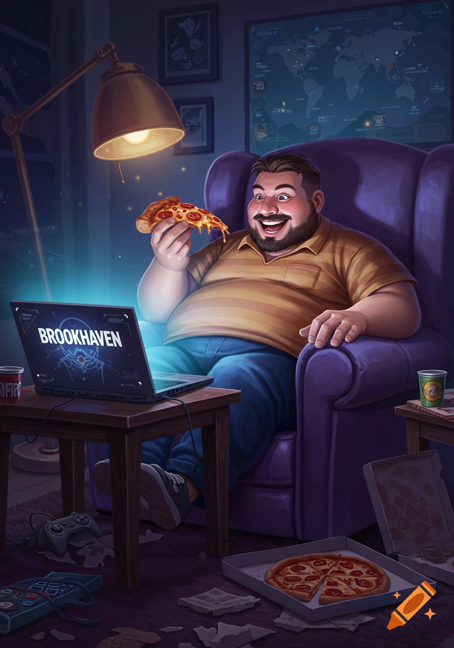A stylized illustration of a happy, plump man eating pizza while looking at a laptop displaying "BROOKHAVEN" in a dimly lit room.