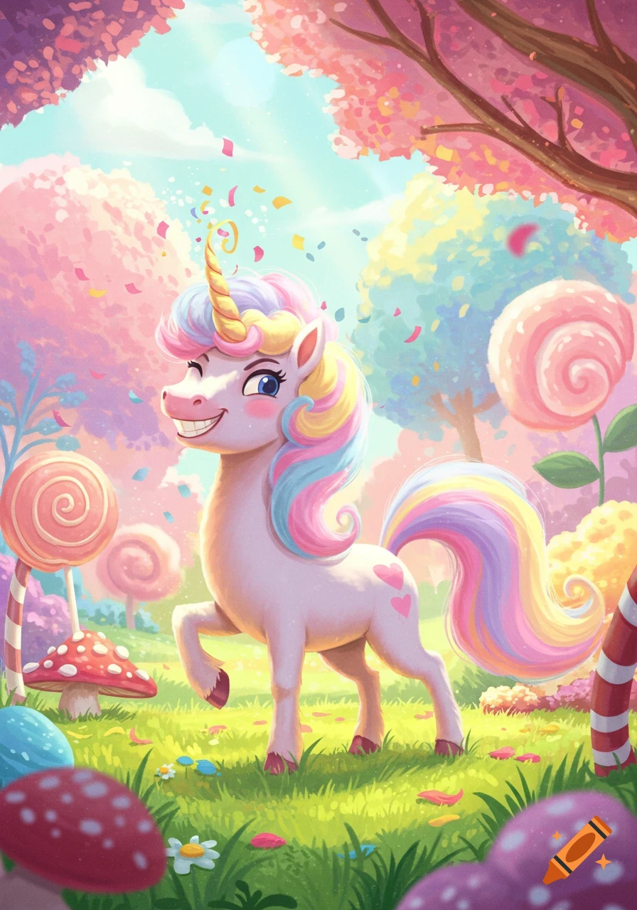 A happy unicorn with a rainbow mane and tail in a whimsical candy land, surrounded by lollipops and colorful mushrooms, in a vibrant illustration style.