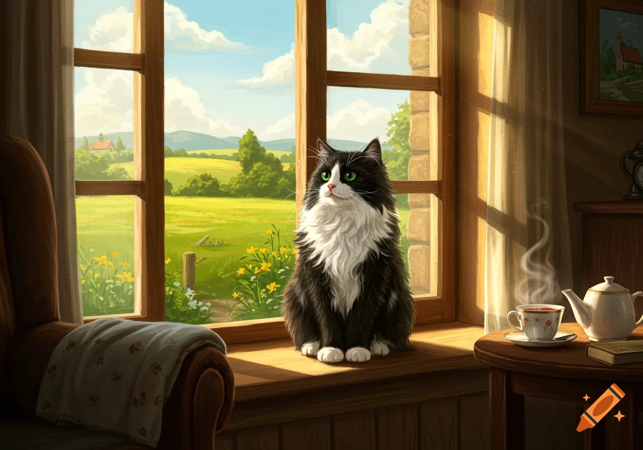 A fluffy black and white cat sits on a sunny windowsill, looking out at a vibrant green landscape in a cozy, illustrated scene.