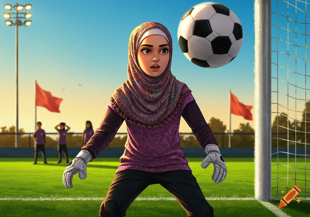 An illustrated young girl in a hijab and goalkeeper gloves, poised to block a soccer ball on a sunny field.