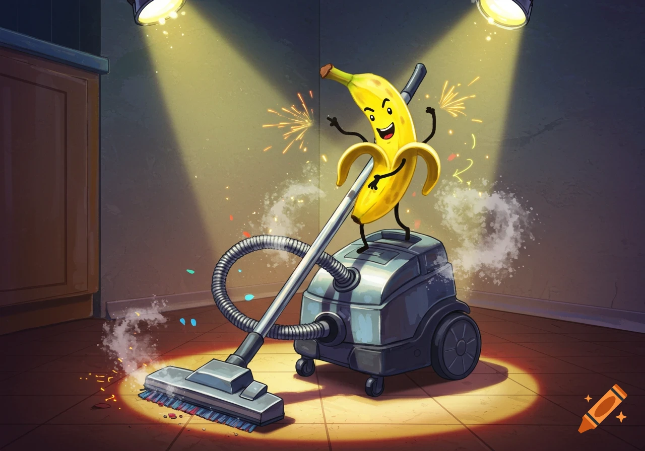 A happy, anthropomorphic banana dances on a vacuum cleaner, with sparks and smoke, under spotlights.