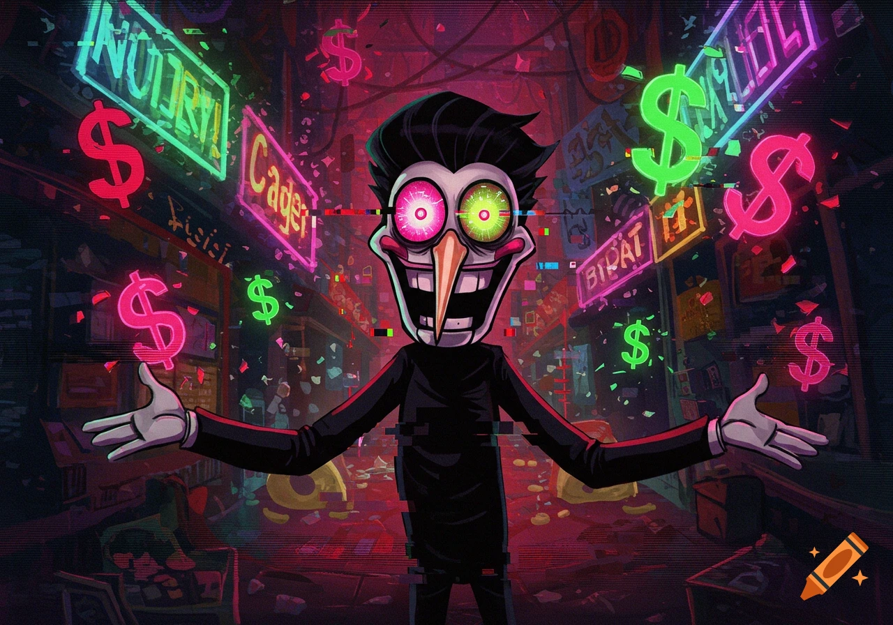 Cartoon character Spamton in a glitch art style, standing in a neon-lit alley filled with dollar signs and confetti.