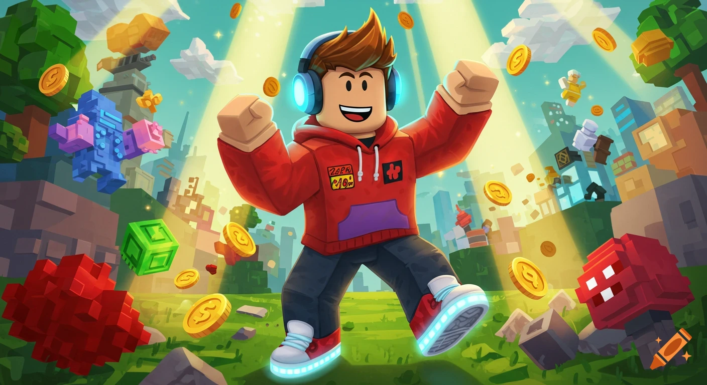 A Roblox-style character in a red hoodie and headphones celebrates in a blocky, vibrant fantasy world with floating coins and buildings, in a cartoon style.