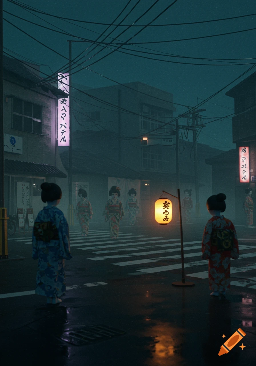 A dark, misty Japanese street scene at night with two doll-like figures in the foreground facing away from several similar figures crossing a crosswalk under glowing signs and a lantern.