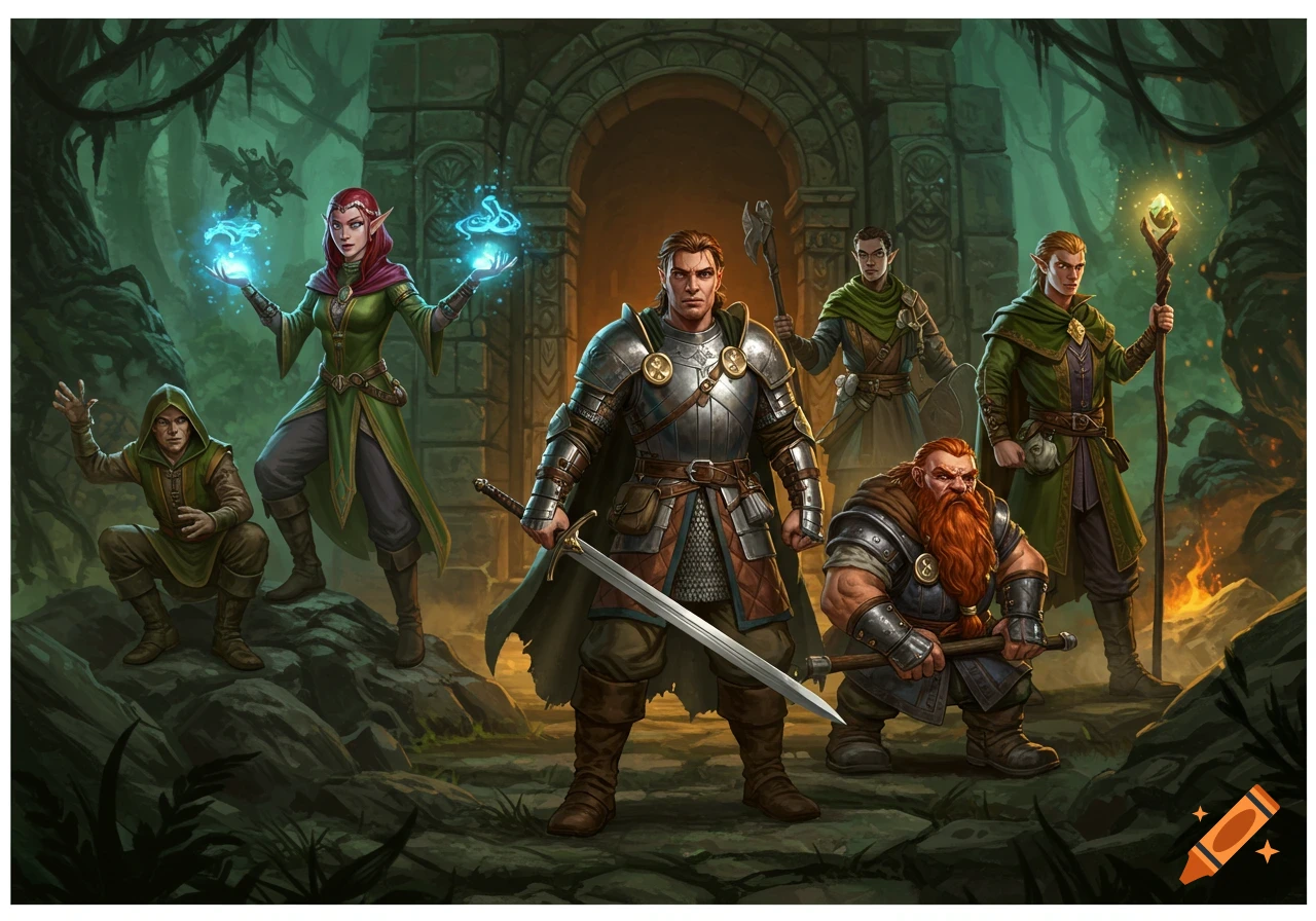 A diverse party of fantasy adventurers, including a knight, elves, a dwarf, and a rogue, stand ready in a dark, magical forest with ancient ruins.
