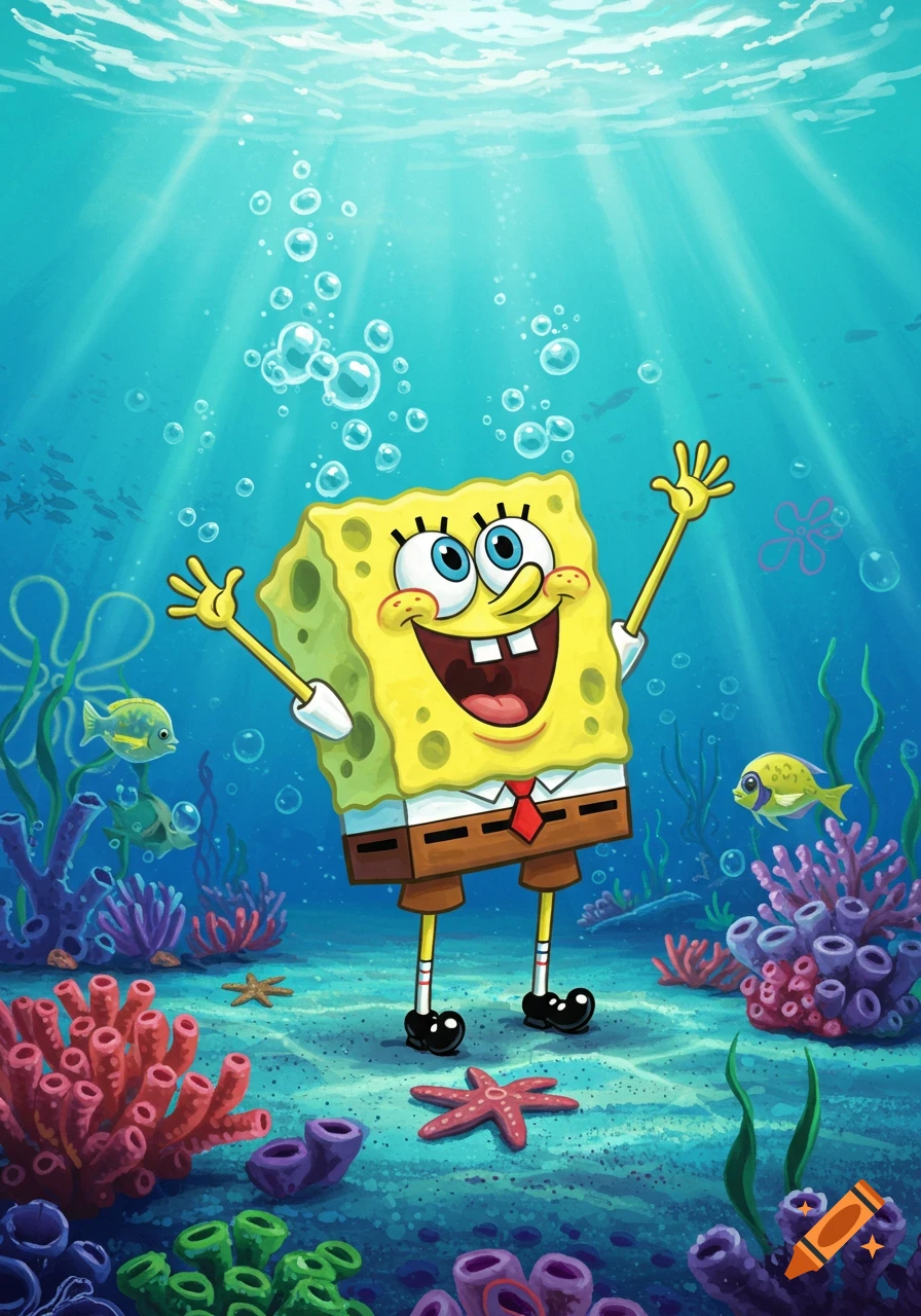 SpongeBob SquarePants smiling and waving his arms underwater among coral reefs and fish.