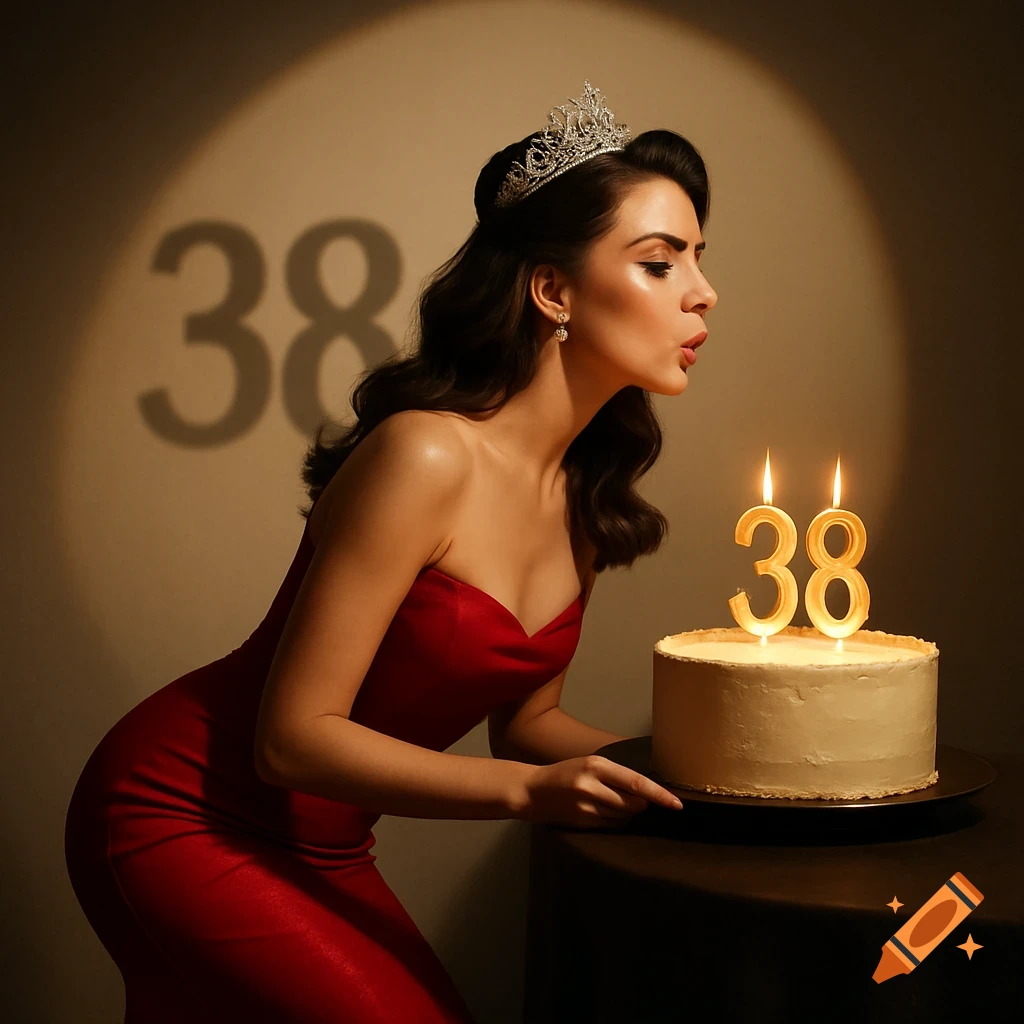 Glamorous portrait of a woman in a red dress and crown blowing out "38" candles on a birthday cake, with a shadow of "38" on the wall.