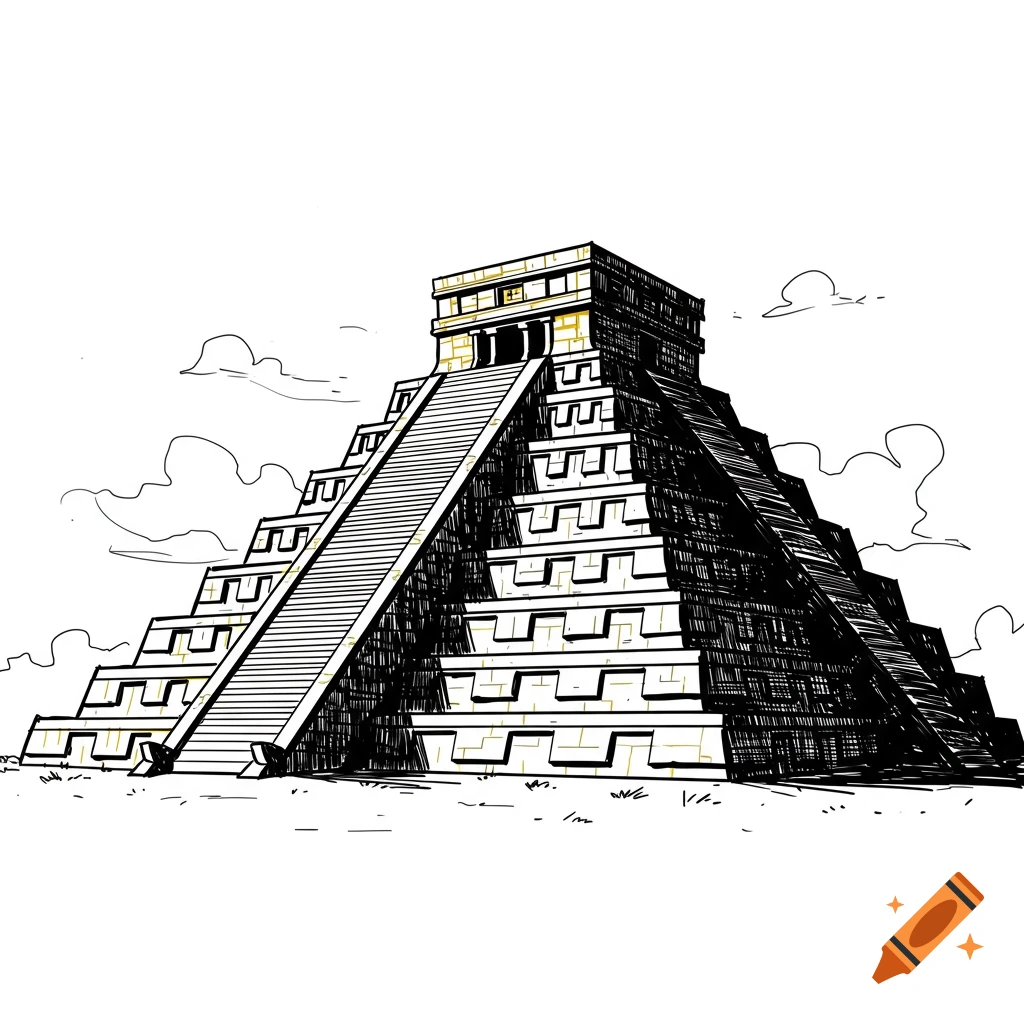 An Aztec pyramid rendered in a black and yellow ink illustration style on a white background.